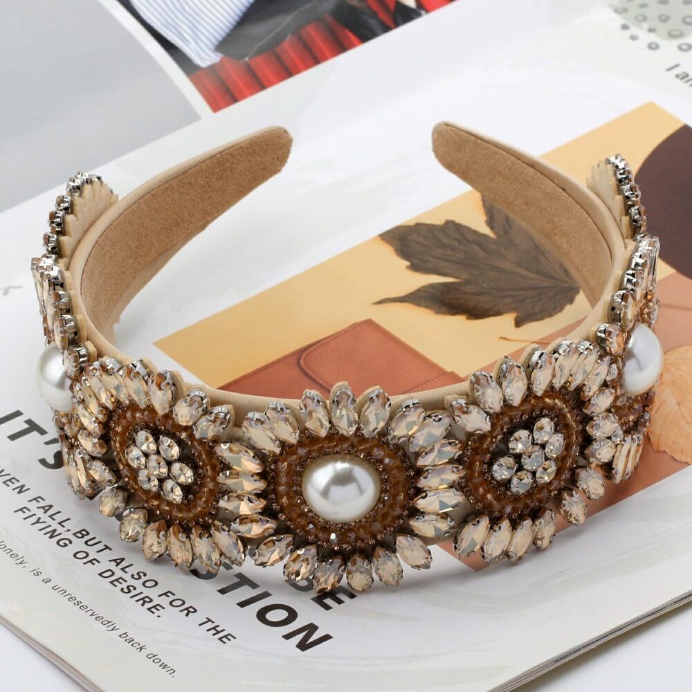 4462 Baroque Crystal Flower Headband Big Wide Chunky Rhinestone Bead - Picture 4 of 6